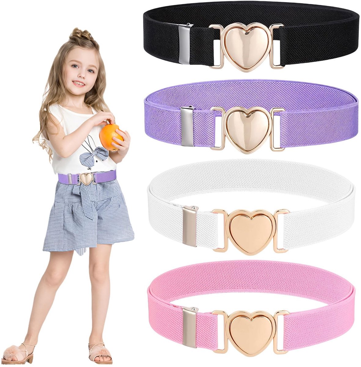 Dailygoods- Kinder Riemen 4 Stuks - Elastische Tailleband - Hartvormige Gesp - Voor Meisjes - Comfortabel - Lichtgewicht - Kinderriem