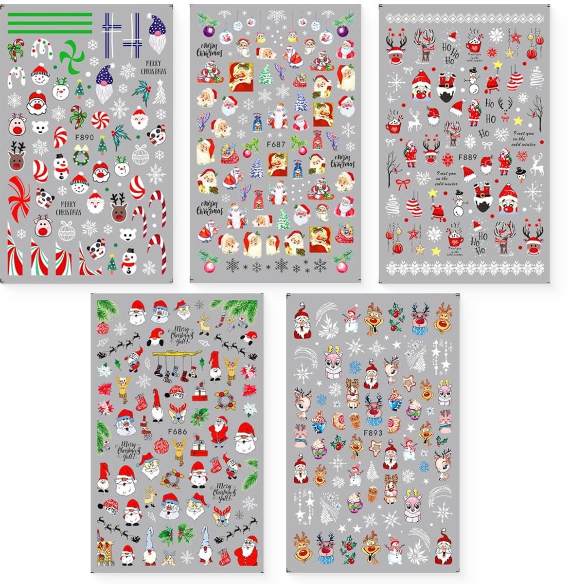 Dailygoods- Nagelstickers Kerstmis - 5 Vellen - Zelfklevende Decoratie - Rendier/Sneeuwpop/Kerstman Motieven - Nail Art Accessoires - Vervangbare Patronen