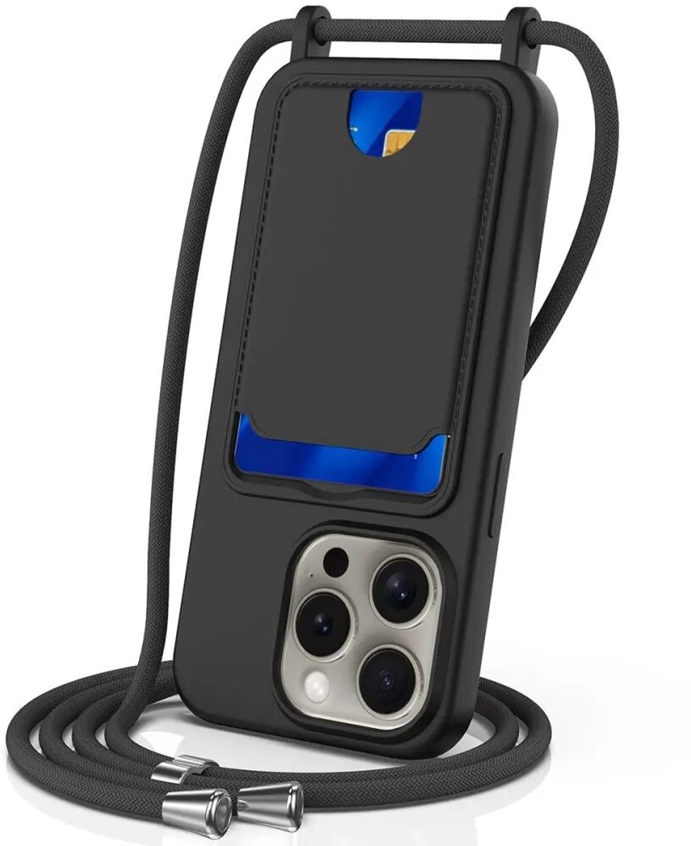 Hoesje met Koord en Pasjeshouder Geschikt voor Apple iPhone 16 Pro Max | Back Cover met Crossbody Koord en Kaarthouder | Ideaal voor Festival/Vakantie | Siliconen | Zwart
