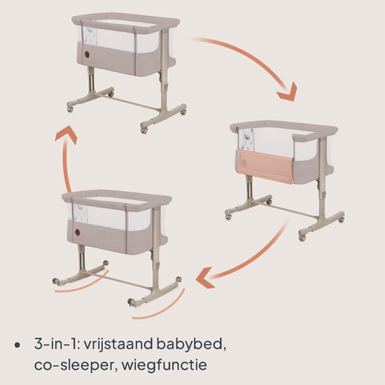 Illustratie van de 3-in-1 functies van de co-sleeper: vrijstaand babybed, co-sleeper, wieg.