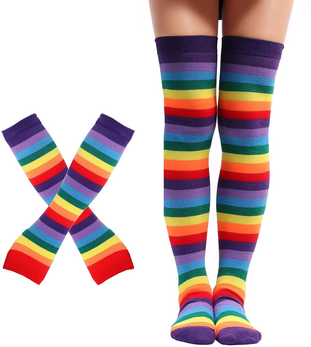 Dailygoods- Kniekousen Regenboog - Vingerloze Handschoenen - Katoen/Polyester - Feestdagen - Cadeau voor Vriendinnen - Comfortabel en Aangenaam - Sokken