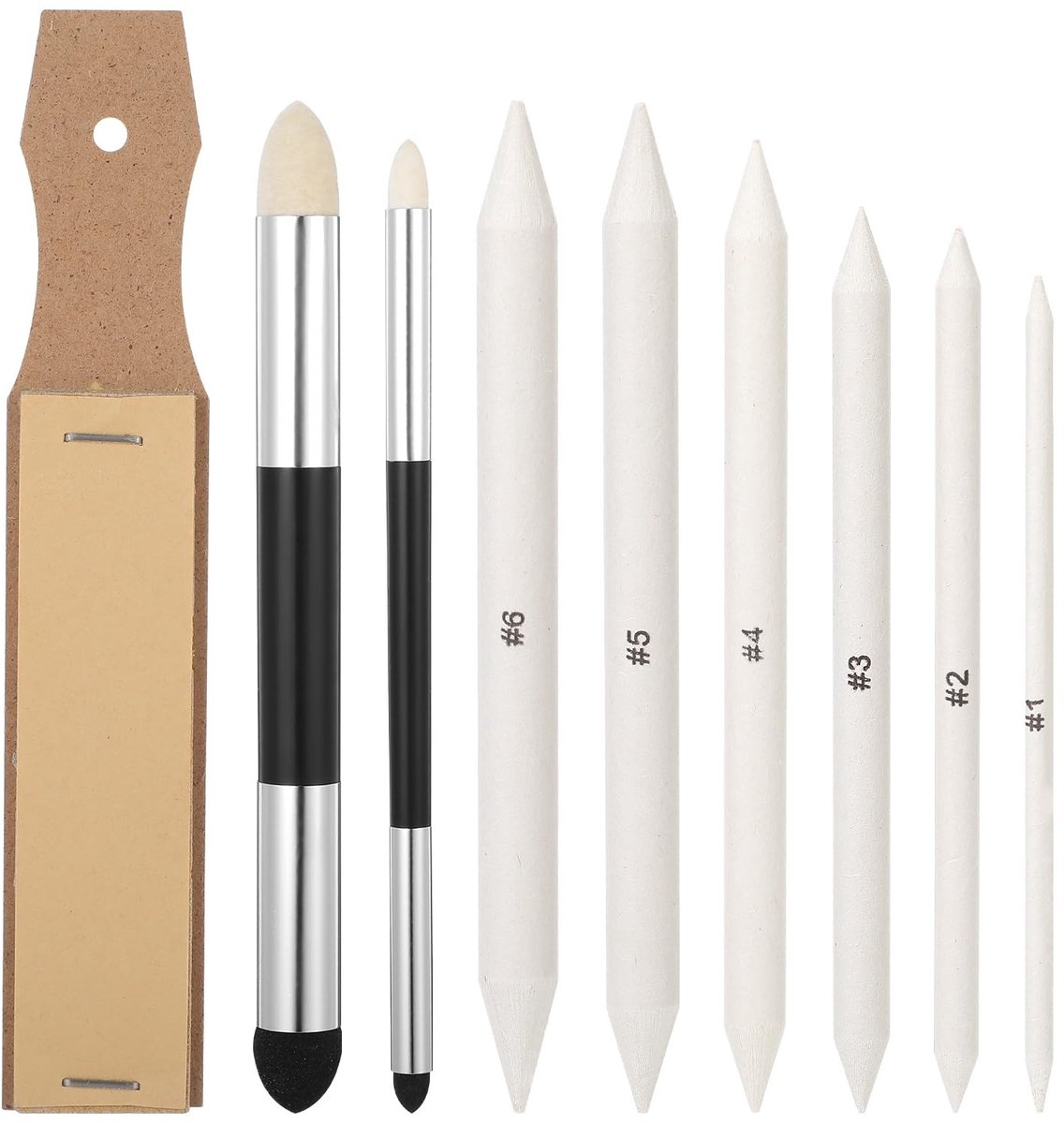 Dailygoods- Papierwissers 9-delig - Tekenmateriaal Professioneel - Mengsponspennen - Schuurpapier - Gummetjes - Kunstenaarsgereedschap
