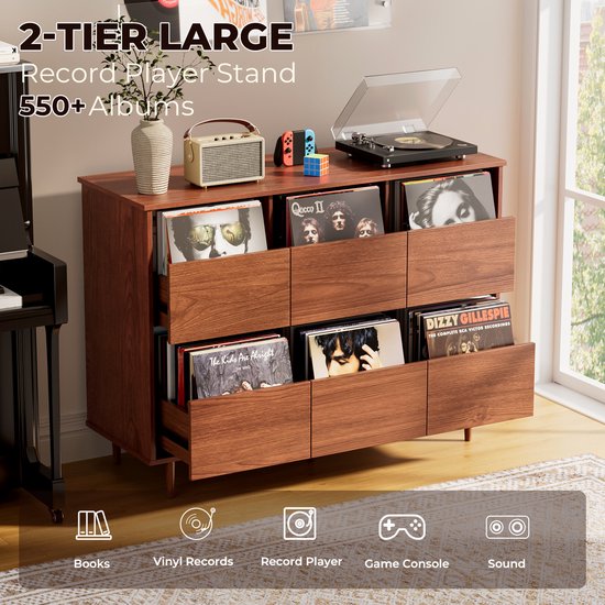 BROTTAR 47,2" platenspelermeubel bruin, vinylplatenkast voor 7"/10"/12" LP's, 6 opbergvakken, retro platenspelerkast voor woonkamer, muziekhoek en vinylverzameling — afbeelding 3