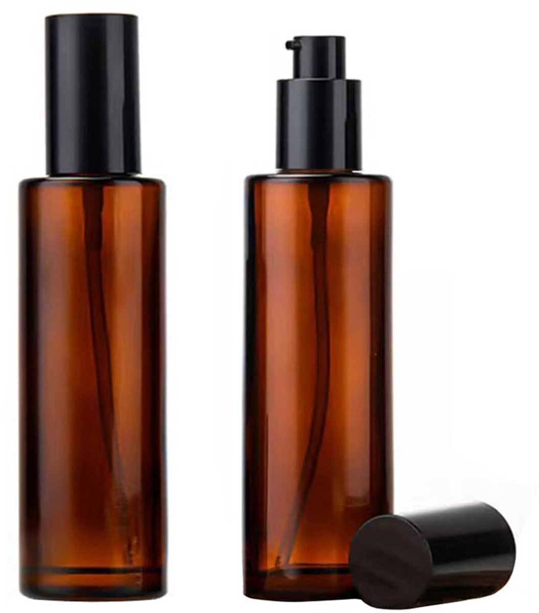 Dailygoods- Lotion Pompflessen 100ml - Amber Glas - 2 Stuks - Herbruikbaar - Zwarte Pomp - Perfect voor Cosmetica