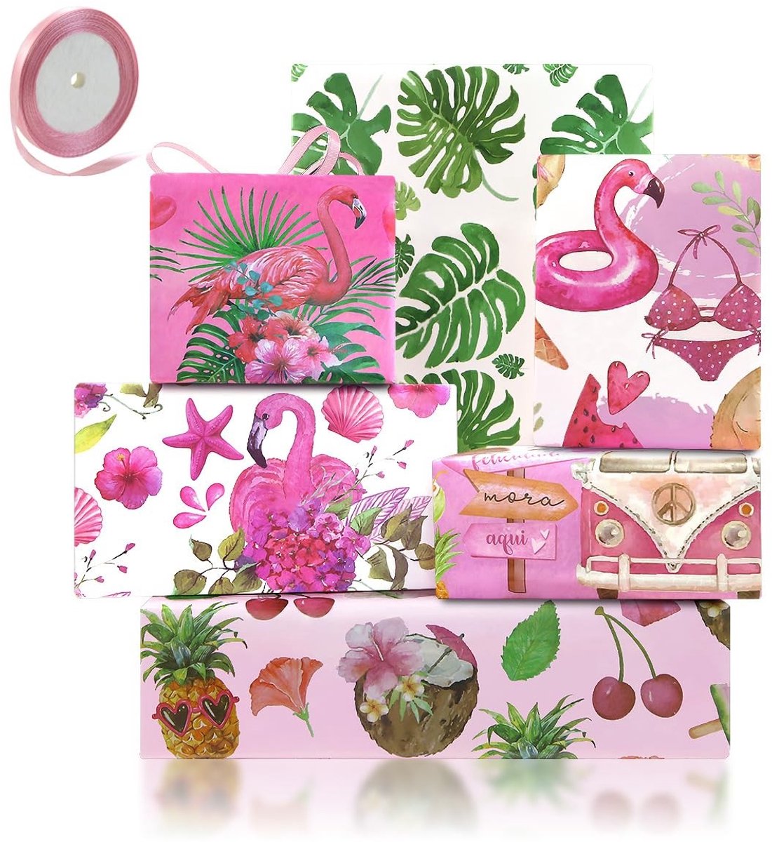 Dailygoods- Inpakpapier Tropisch Ontwerp - Cadeaupapier Verjaardag - Inpakpapier Baby - Inpakpapier Rollen - Roze Flamingo - Hawaiiaanse Monstera - 6 Vellen met Rol Lint