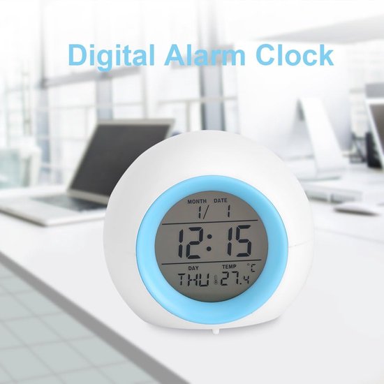 LED Wekker - Digitale Klok - Rustig Ontwaken - Zeven Kleuren Licht - Temperatuur Weergave - Blauw Wit — afbeelding 2