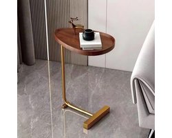 Donkere Houten Graan Kleine Bijzettafeltje met Stevige Constructie voor Woonkamer Sofa Hotel (Groove ontwerp en gouden frame)