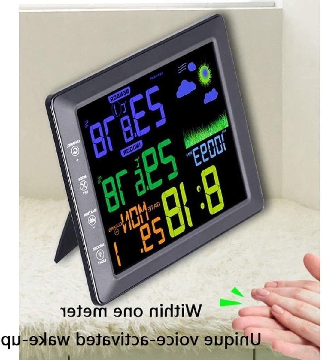 Draadloos weerstation - Weerklok thermometer - Binnen buiten meten - Spraakgestuurde verlichting - 21.5 x 3 x 16 cm - Wit