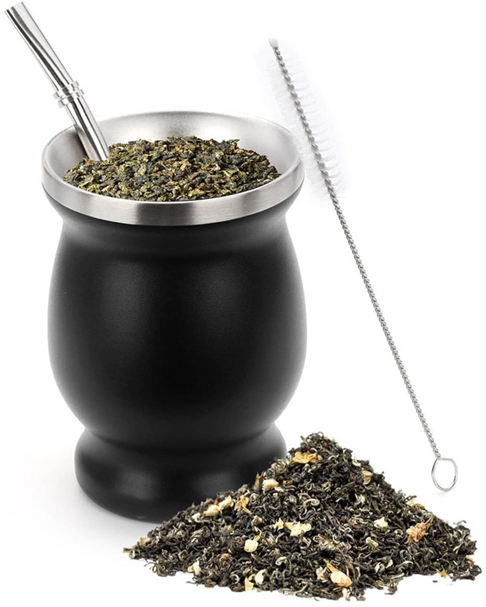 Dailygoods- Yerba Mate Gourd Dubbelwandig - Roestvrij Staal - Thee Cup Set - Hittebestendig - Schoonmaakborstel - Perfect voor IJsthee - Theekopje