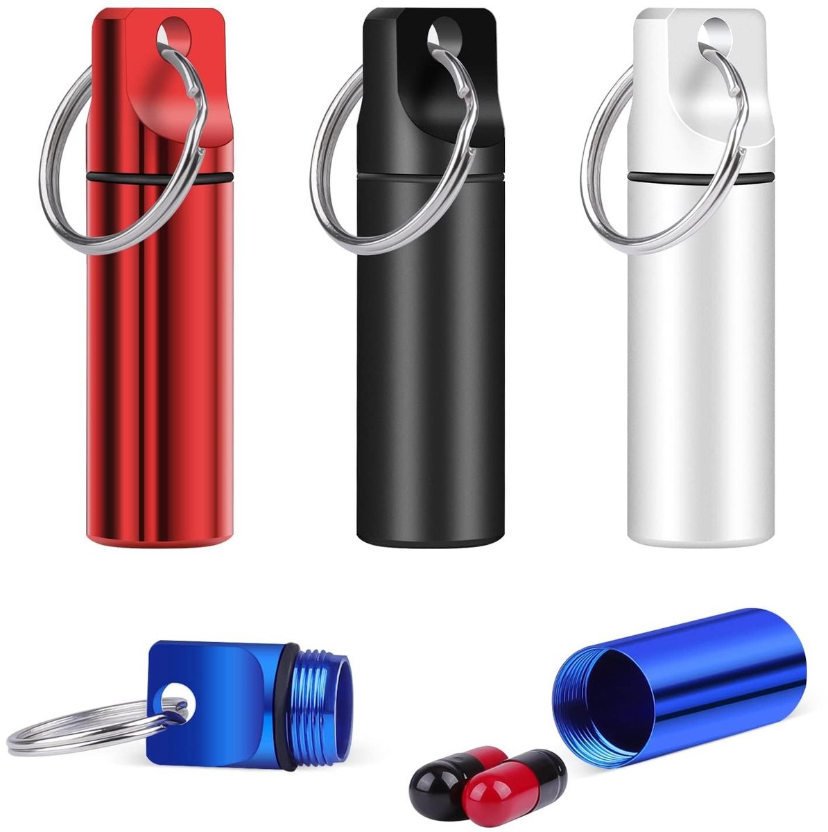 Dailygoods- Pillendoos Waterdicht - Mini Pillendoos - Sleutelhanger - Aluminium - Robuust - 1,7 cm Diameter - 6 cm Hoogte - Medicijncontainer