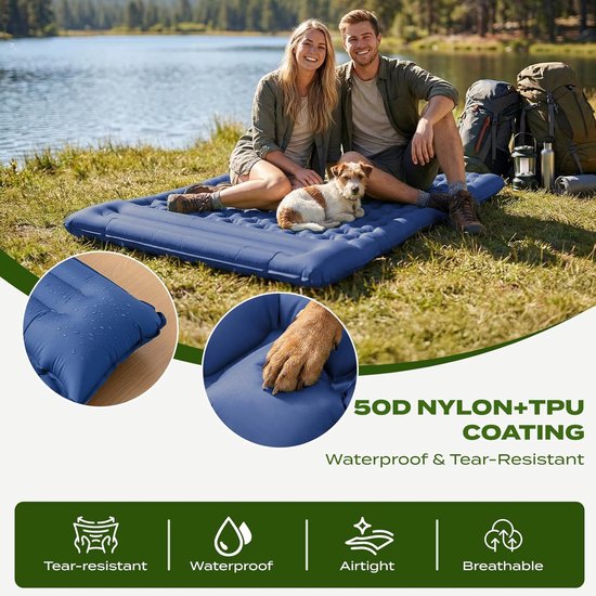 Zelfopblazende Slaapmat - Campingmatras Opblaasbaar - Kamperen Buiten - 12cm Dik Ergonomisch - 196 x 135 cm - Marineblauw — afbeelding 4