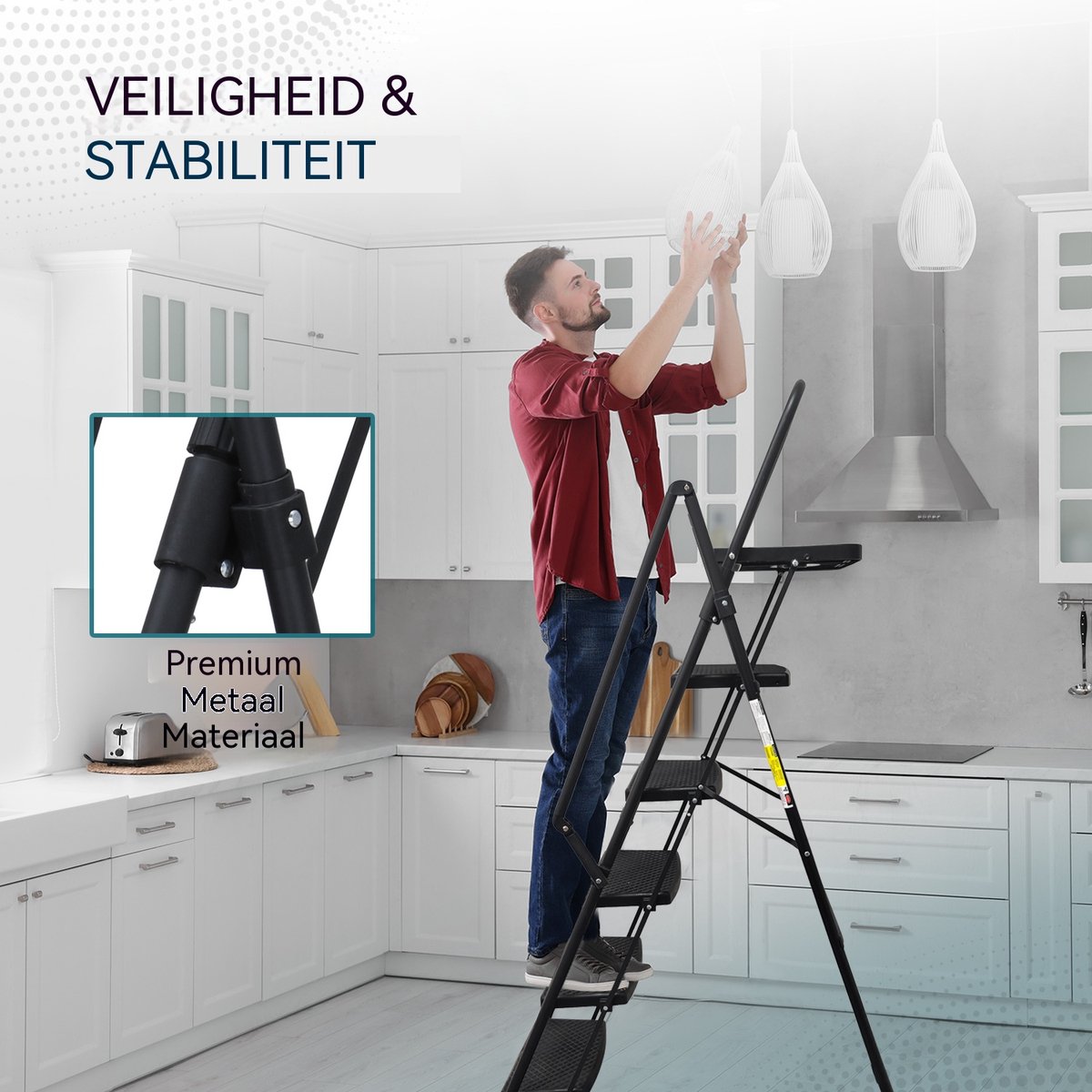 Opvouwbare Trapladder 5 Treden - Huishoudtrap-Inklapbare Ladder - Stalen Trapleer - Antislip Treden - Met Leuning - Gereedschapsbakje - Voor Binnen - 5 Treden - Klussen – foto 4