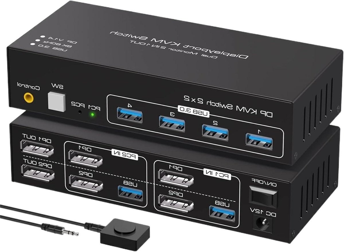 KVM Switch - Schakelaar Computers - Monitoren Delen - 8K@60Hz Resolutie - 2 In 2 Out - Zwart