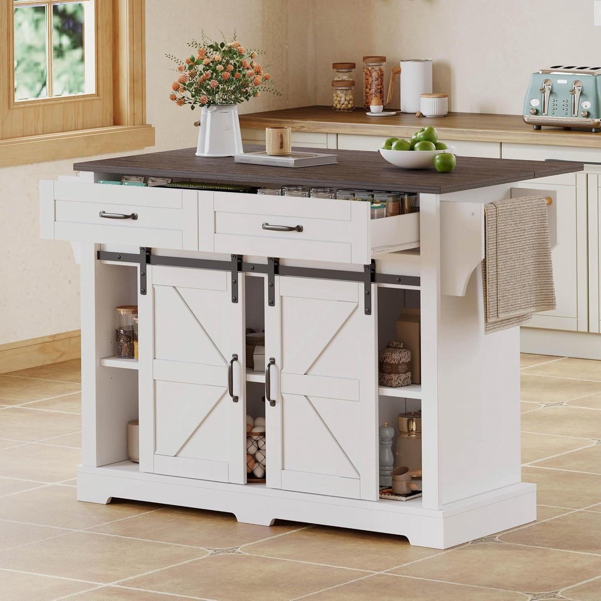 Keuken Eiland - Keuken Trolley - Extra Werkruimte - Inklapbaar Blad - 120x45x91cm - Bruin Wit