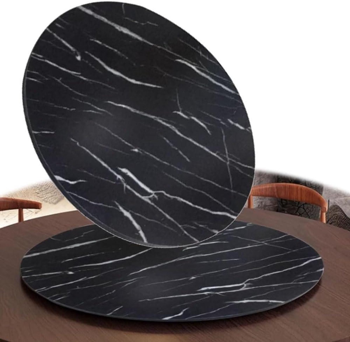 Houten Draaiplateau - Draaibare Tafel - Gerechten Delen - Stille Basis - 80 cm - Black Marble