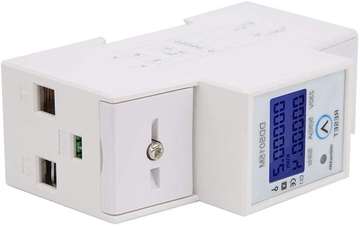 Wattuurmeter Digitaal - Energieteller Elektriciteitsmeter - Stroomverbruik Monitoren - Resetbaar Tijdelijk Verbruik - 35 mm DIN Montage - Wit