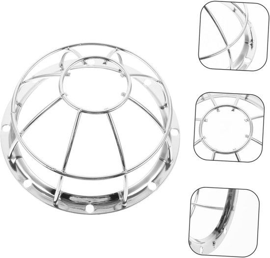 Zilverkleurige metalen rookmelderbeschermkap op witte achtergrond, met close-ups van de details.