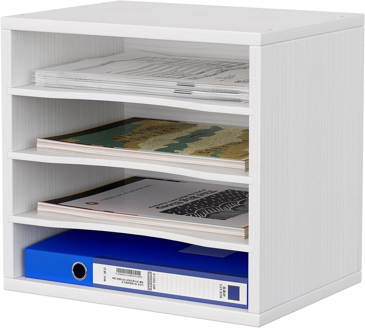 Houten Bureau Organizer met 4 Niveaus voor A4 Documenten, Tijdschriften en Kantoorbenodigdheden - Wit