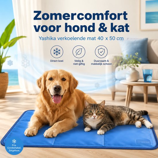 Yashika Koelmat voor Huisdieren Hond en Kat - Verkoelende Cooling Mat - Zelfkoelend Koelkussen - Gifvrije Gel - Anti-Slip - Waterdicht - Bench Mat - Koeldeken - Zonder Elektriciteit - Verkoeling - Zomer - Anti Oververhitting - Blauw - 40 x 50 cm