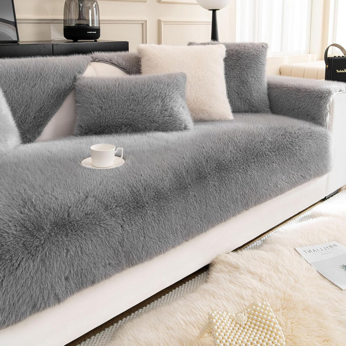 Zachte Velours Sofa Cover voor 1-4 Zits Bank - Antislip, Geschikt voor Huisdieren en Kinderen - Superzachte Arm- en Rugleuninghoes (Grijs, 28 x 28 inch)