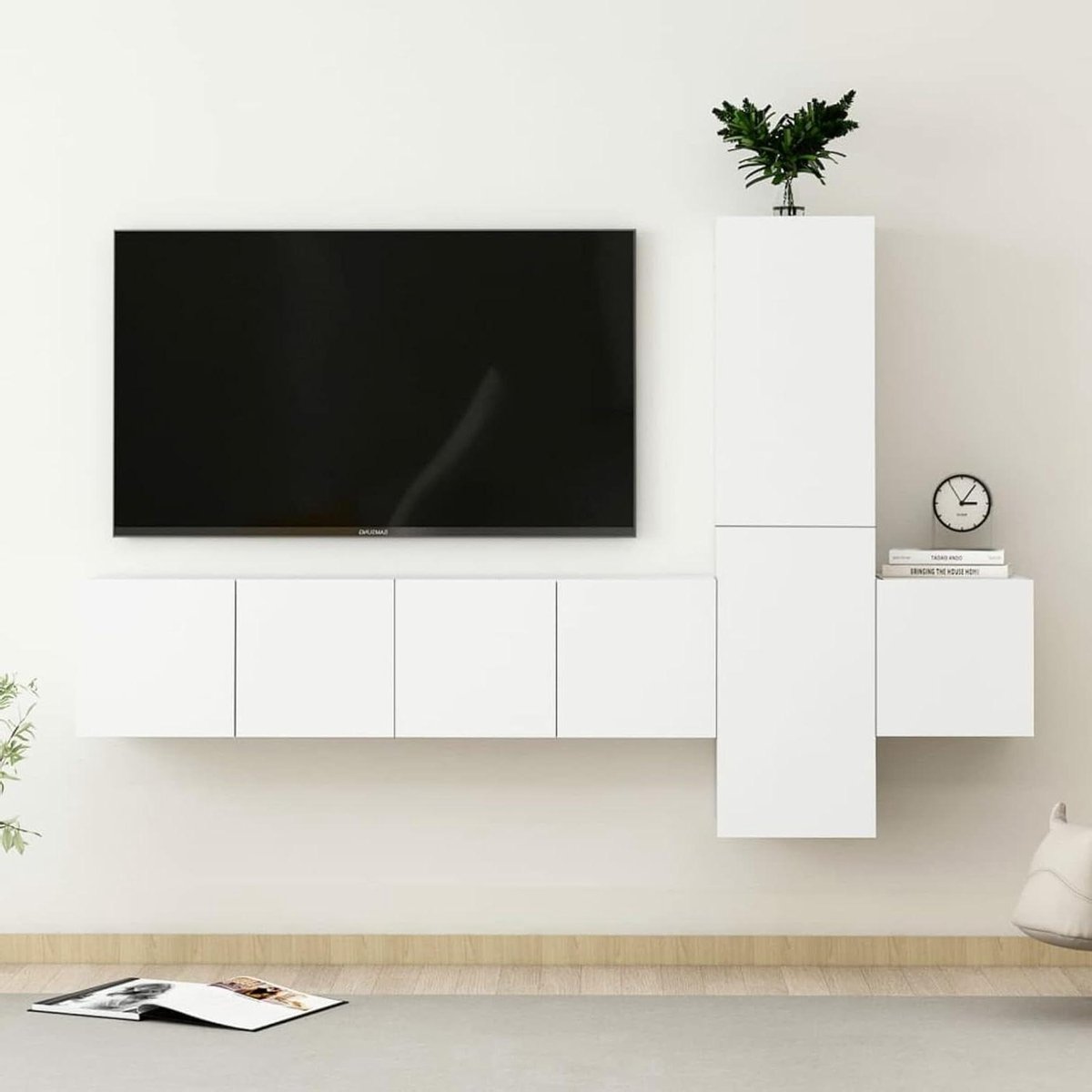 TV Kast Set - Mediameubel Woonkamer - Opbergen Media - Hangend Ontwerp - 5 Delig - Wit