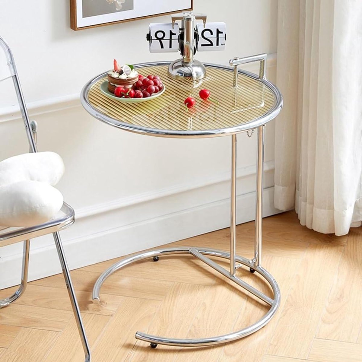 Glazen bijzettafel - Ronde tafel - Ruimte organiseren - In hoogte verstelbaar - 20 cm diameter - Zilver