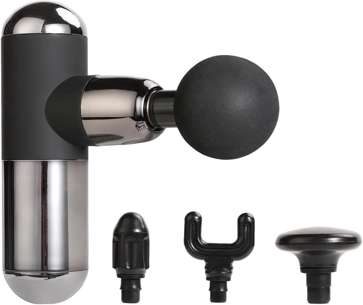 Draagbaar Massagepistool - Mini Massageapparaat - Spierherstel - Vier Verwisselbare Koppen - 15 cm - Zwart en Zilver