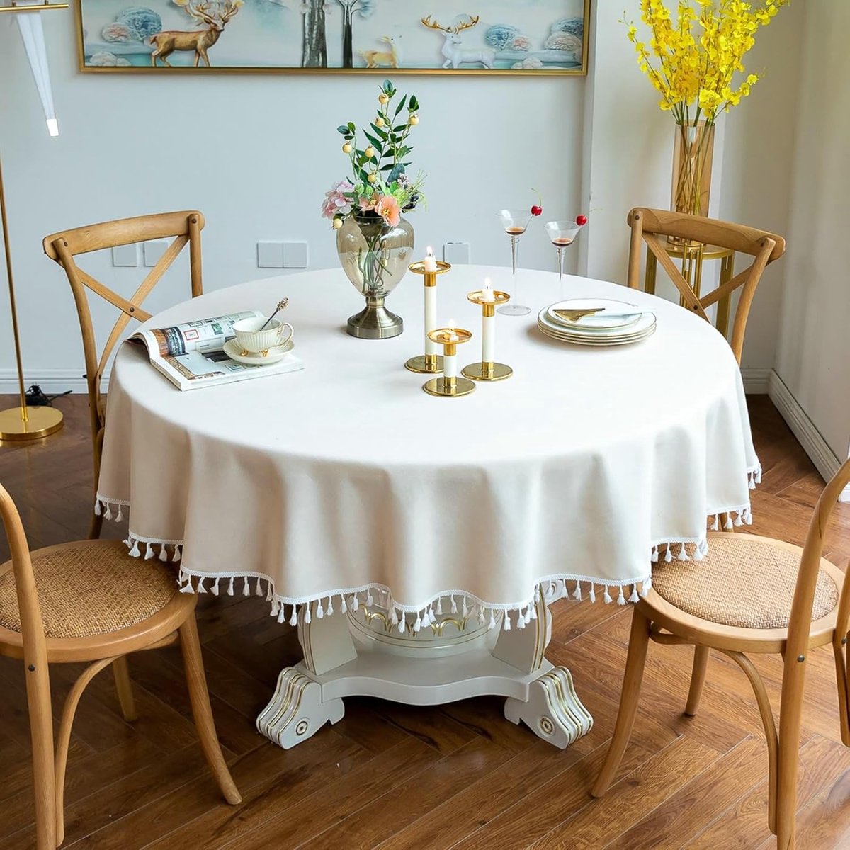 Tafelkleed polyester - Rond kleed - Eettafel decoratie - Met kwastjes - 280 cm - Beige