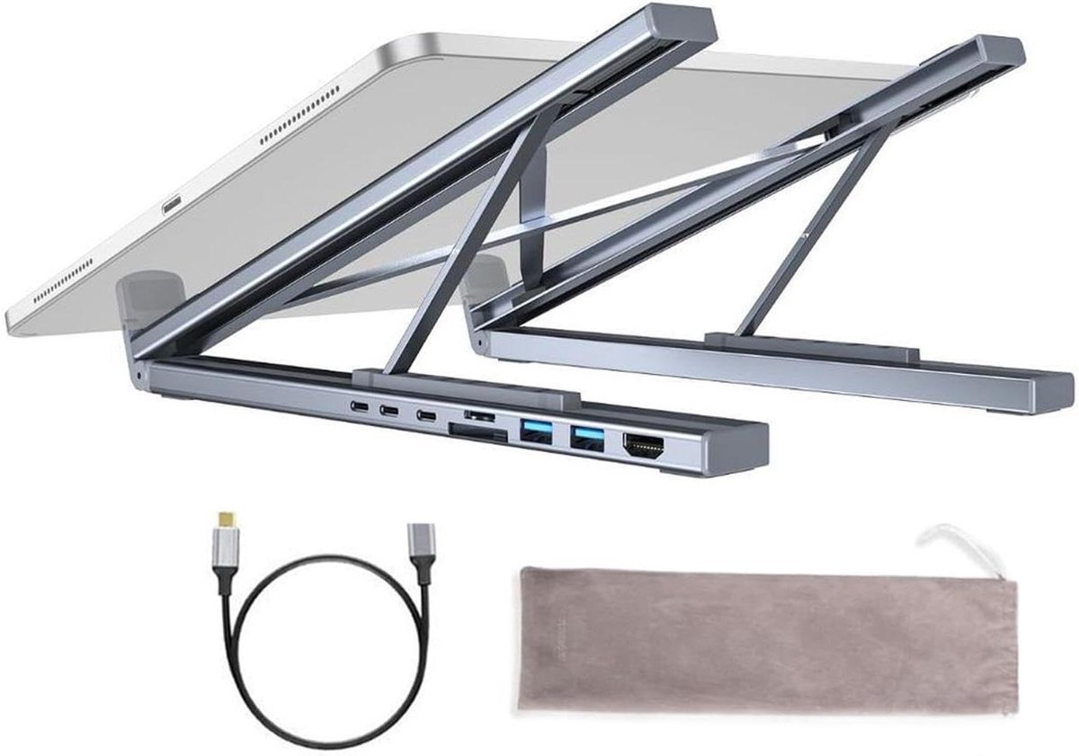 Laptop Docking Stand - Computer Verhoger - Ergonomisch Werken - 8-in-1 Hub - 4K HDMI - Aluminium