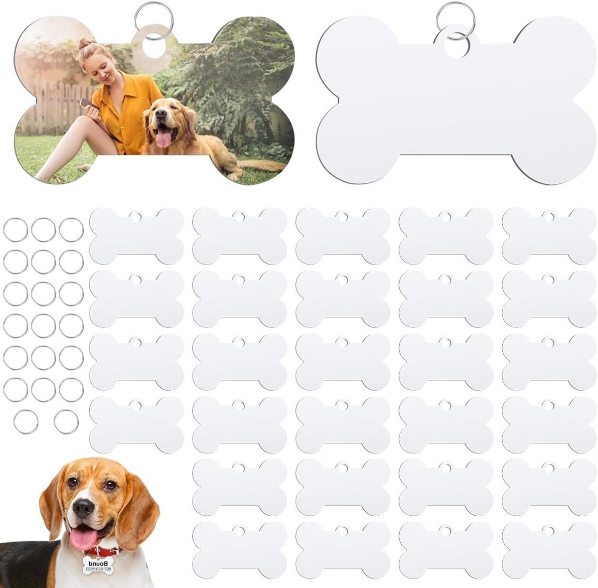 30 Stuks Aluminium Hondenpenningen, Dubbelzijdige Transfer Tags met 20 Ringen voor DIY Hondenaccessoires