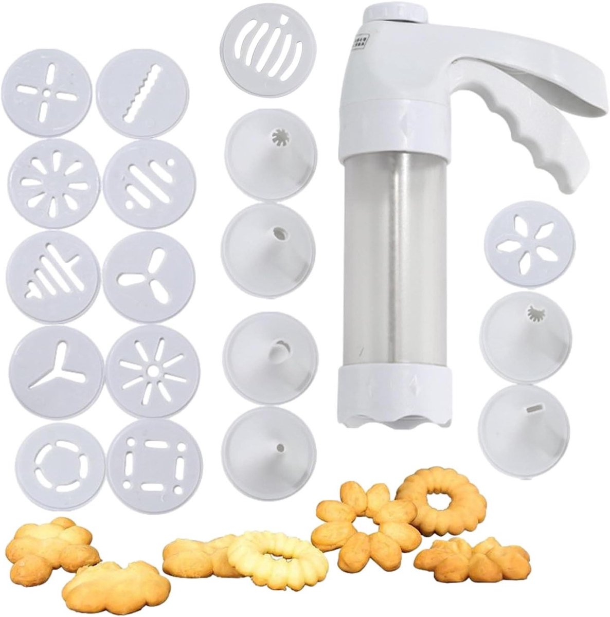 Koekjespers - Koekjesmaker Deeg - Zelf Lekkernijen Maken - Handmatig Heavy Duty - 12 Discs 6 Tips - Wit
