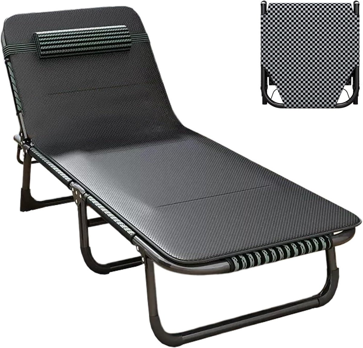 Vouwbed met Rugleuning - Campingbed Gastenbed - Ontspannen Buiten - Verstelbare Rugleuning - 190x68x28cm - Zwart