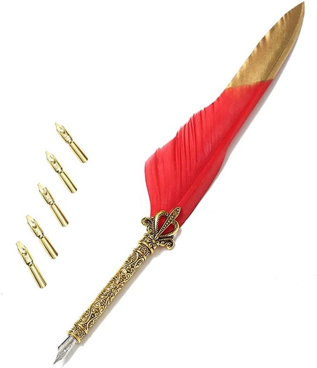 Quill Handcraft veer dip pen steel metalen penpunt schrijfveer met 5 extra penpunten in rood