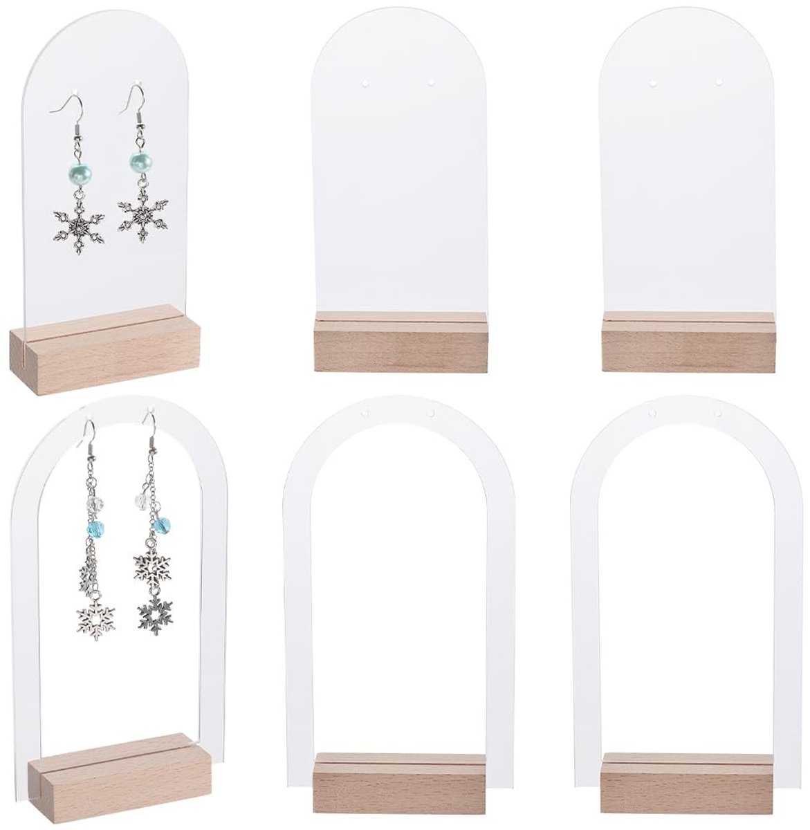 Dailygoody - Acryl Oorbelhouders - Set van 6 - Transparant - Sieradenstandaard - Houten Basis - Opslag Oorbellen