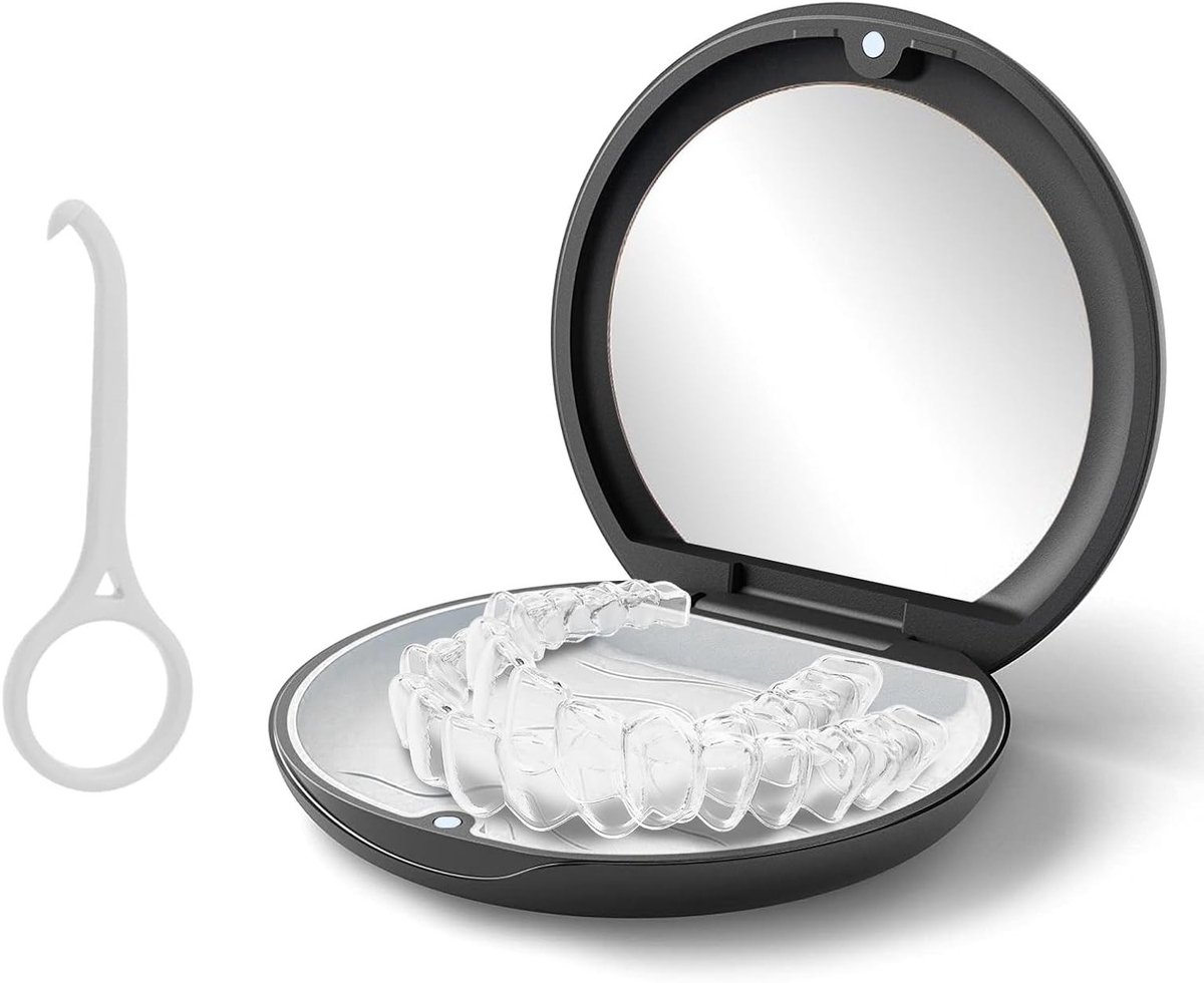 Draagbare Denture Box met Spiegel voor Orthodontische Retainers en Mondbeschermers, Inclusief Verwijdertool voor Beugels (Zwart)