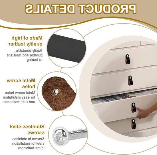 Productdetails: zwarte lederen handgreep, metalen schroefgaten, RVS schroeven.