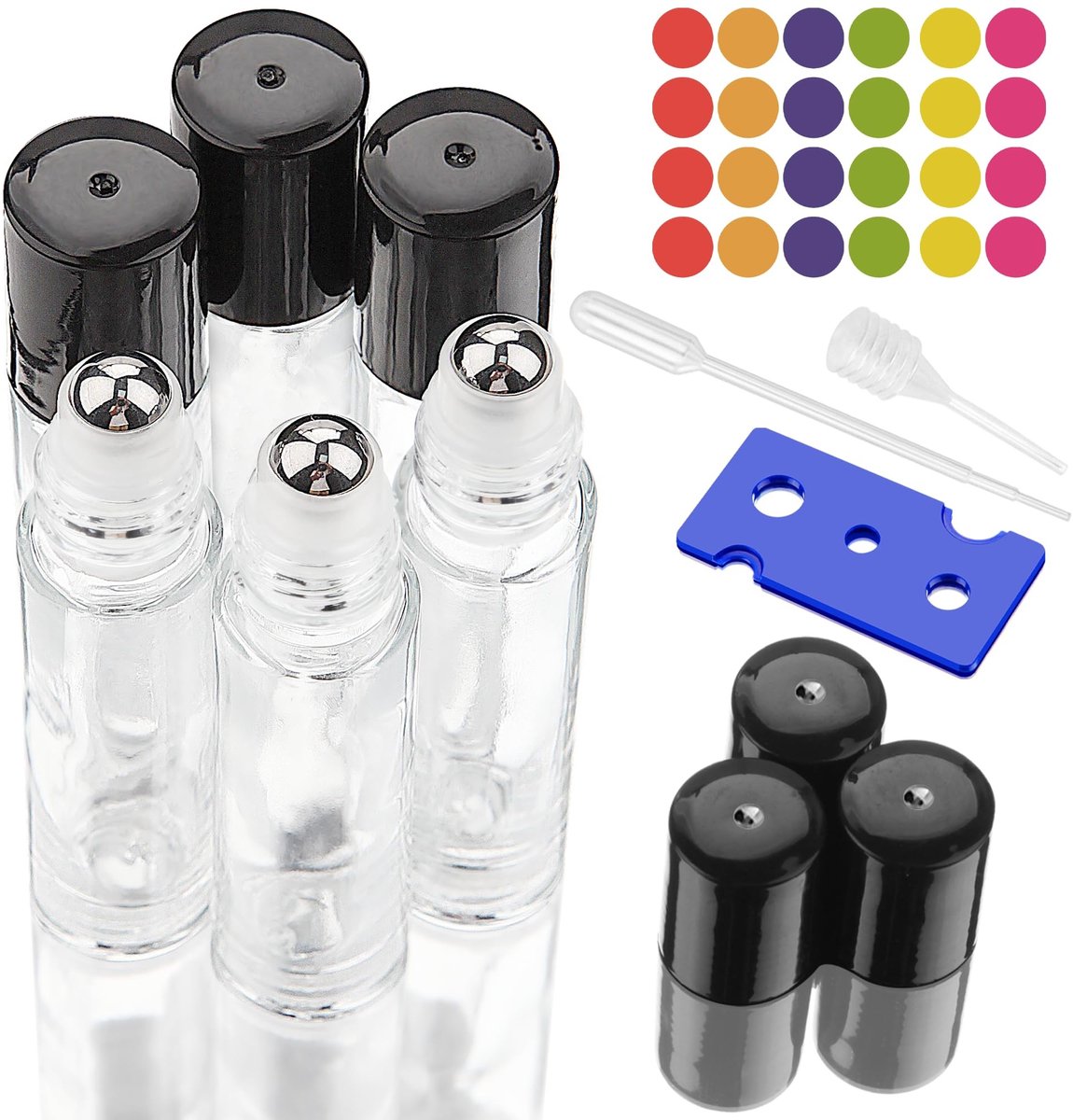Dailygoody - Roll on Glas Flesjes - 10ml - Ideaal voor Essentiële Oliën - Transparant - Lege Roll-on Flesjes - Inclusief Pipetten en Stickers - Perfec...