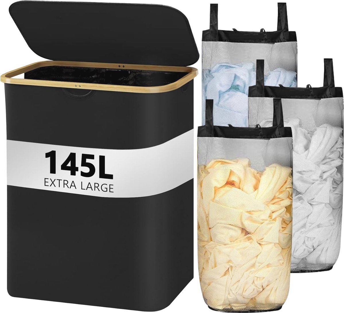Goedkoopste Wasmand met Deksel en 3 Vakken - 145L Wasverzamelaar met Uitneembare Waszak