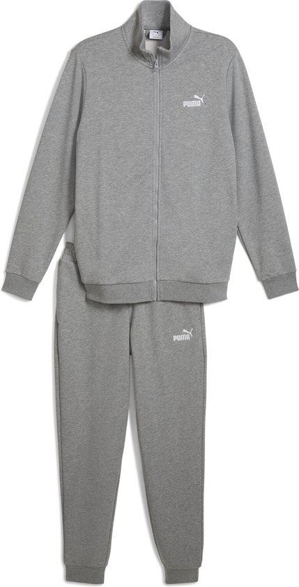 Een grijs Puma trainingsjack met rits en een bijpassende trainingsbroek, gepresenteerd op een witte achtergrond.