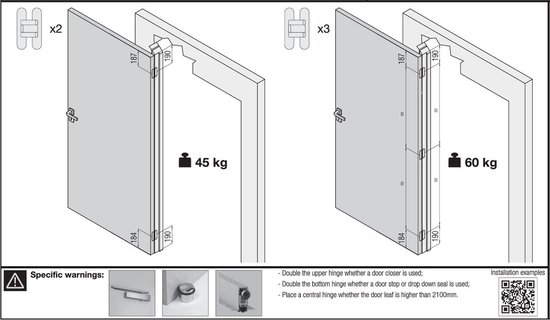 Installatie-instructies voor deuren, met specificaties voor 45kg en 60kg deuren.