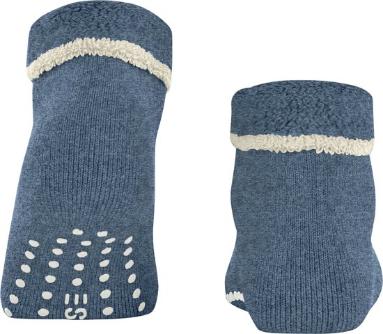 Korte blauwe huissokken met beige boord en witte noppen.