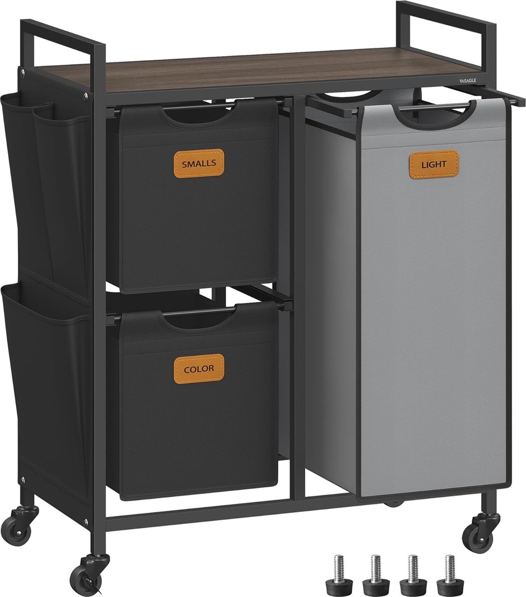 Goedkoopste FurnStar Wasmand 3 Vakken – Wasverzamelaar met Rollen en Plank – 100L – Wassorteerder met 6 Etiketten – Kleine Zijzakken – 68,6 x 33 x 80,5 cm – Kastanjebruin, Inktzwart, Duifgrijs