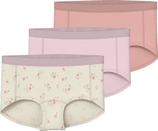 Drie hipsters: één met bloemenprint, één lichtroze en één oudroze. Allemaal met paarse elastische band.