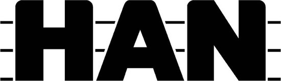 HAN logo in zwarte letters met horizontale streepjes.