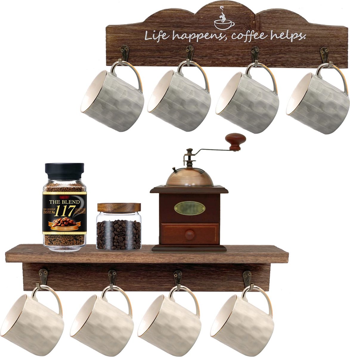 Koffiebekerhouder muurbevestiging met 8 haken en koffiekop organizer houten koffiebord theekophanger - set van 2 - bruin
