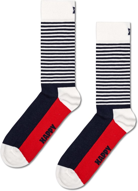 Wit-blauw gestreepte Happy Socks met rode boord en rood vlak op de enkel. "Happy" tekst op de zool.