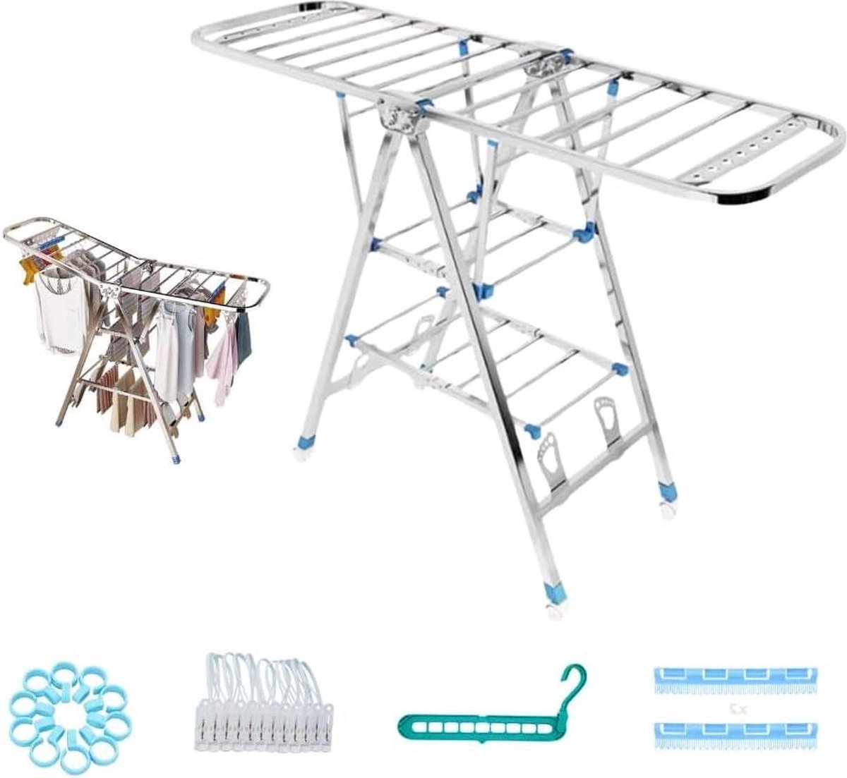 Goedkoopste RVS 304 Opvouwbare Kleding Airer - 2 Niveaus - 120 kg Gewichtsbestendig - Drogen en Ventileren - Binnen en Buiten - Verstelbare Vleugels - Schoenenrek