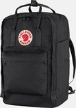Zwarte Fjällräven Kånken rugzak met rond logo en voorvak met rits.