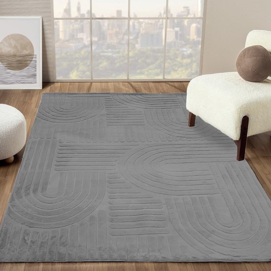 Flycarpets Eve Japandi Tapis Grijs - Tapis à Poils Ras Salon - Doux et Moelleux - 200x300 cm