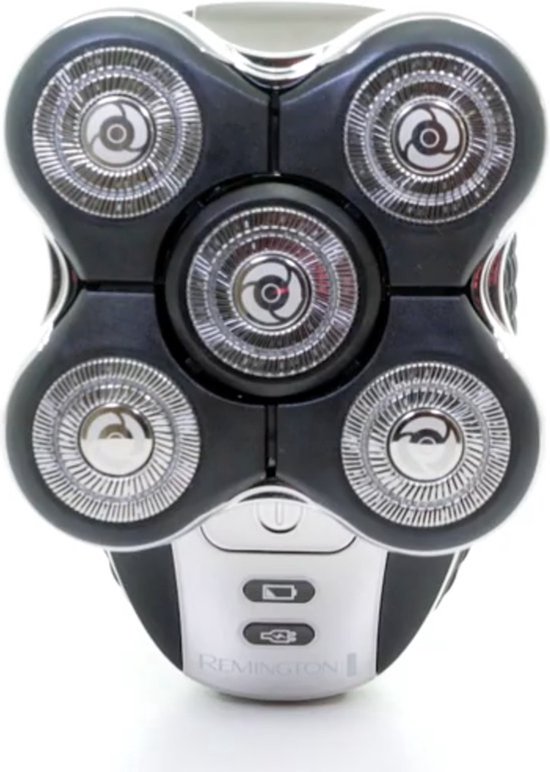 Gedetailleerde opname van de 5 zilveren scheerkoppen op een zwart Remington scheerapparaat.